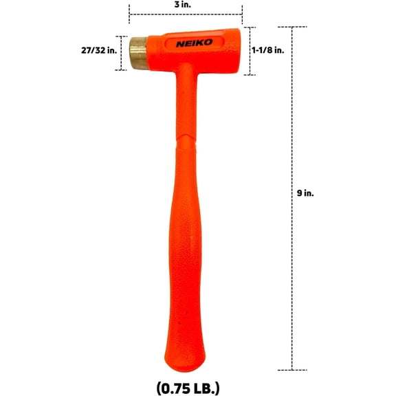 NDIUG-02870A Dead Blow Hammer With Brass Cap, 0.75 Pounds, Neon Orange Deadblow Hammers, Mallet, Spark and Rebound Resistant, Unibody Molded, Soft Blow Rubber, Non Slip Grip, Steel Shot and Core