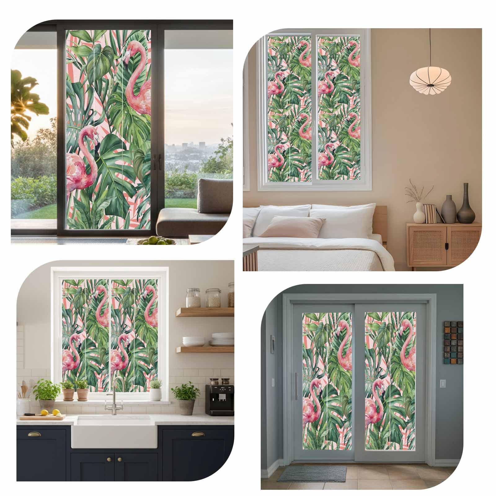 Pink Flamingo Window Privacy Film, Country Tropical Animal Green Monstera Leaf Plant Farm Frosted Glass Window Clings Static Cling UV Heat Blocking Reusable Door Sticker for Bathroom 23.6 x 59 Inch