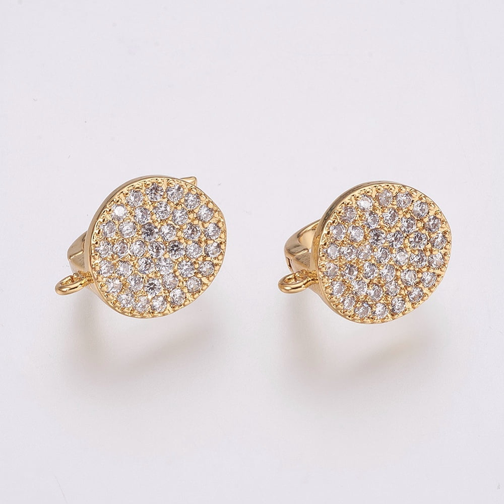20 pc Brass Micro Pave Cubic Zirconia Hoop Earring Findings with Latch Back Flat Round Clear Golden 16x12x13mm Hole: 1.2mm Pin: 1.2mm