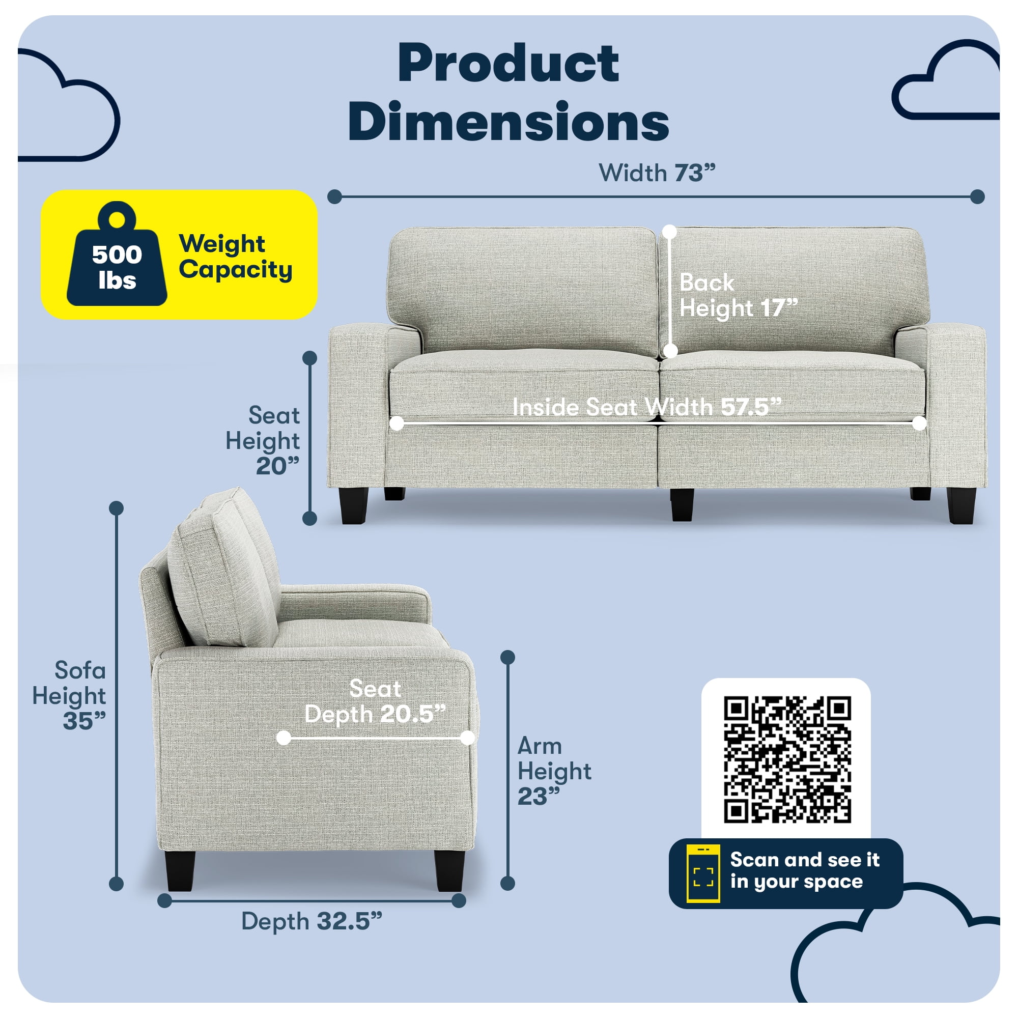 Serta Palisades 73" Track Arm Sofa with Removable Covers Pebble Gray