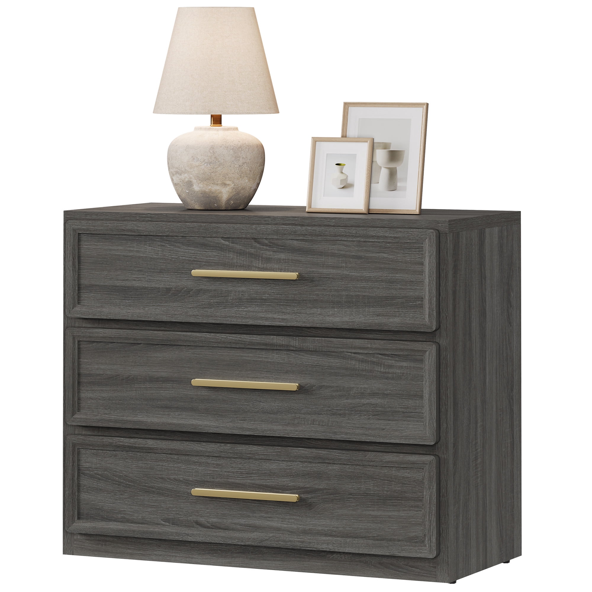 SICOTAS 31.3" W 3-Drawer Nightstand with Oversized Large Storage , Modern Night Stands Bedside Table with Adjustable Feet & Gold Handles for Bedroom Living Room Entryway, Dark Grey Oak