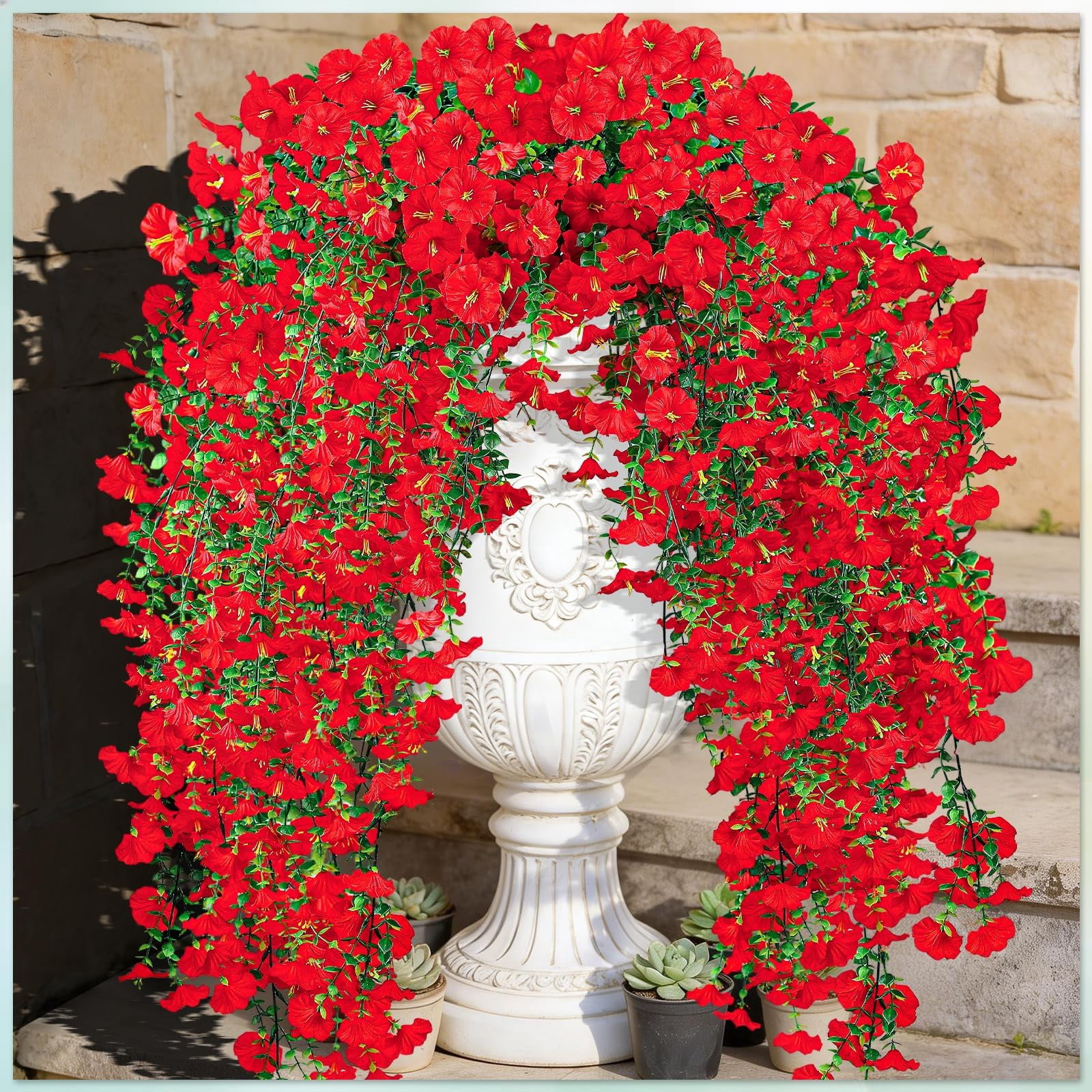 Artificial Hanging Flowers for Outdoors, 6 PCS Silk Morning Glory Artificial Flowers with Eucalyptus Leaves, UV Resistant Fake Flower Realistic Faux Plants for Home Patio Porch Garden0