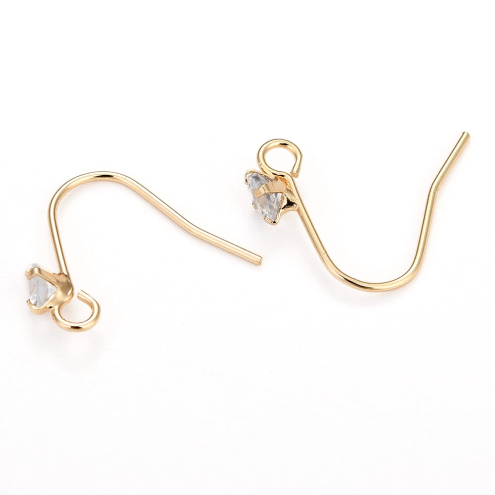 Brass Earring Hooks Ear Wire with Clear Cubic Zirconia and Horizontal Loop Long-Lasting Plated Real 14K golden Plated 16mm 20 Gauge Pin: 0.8mm