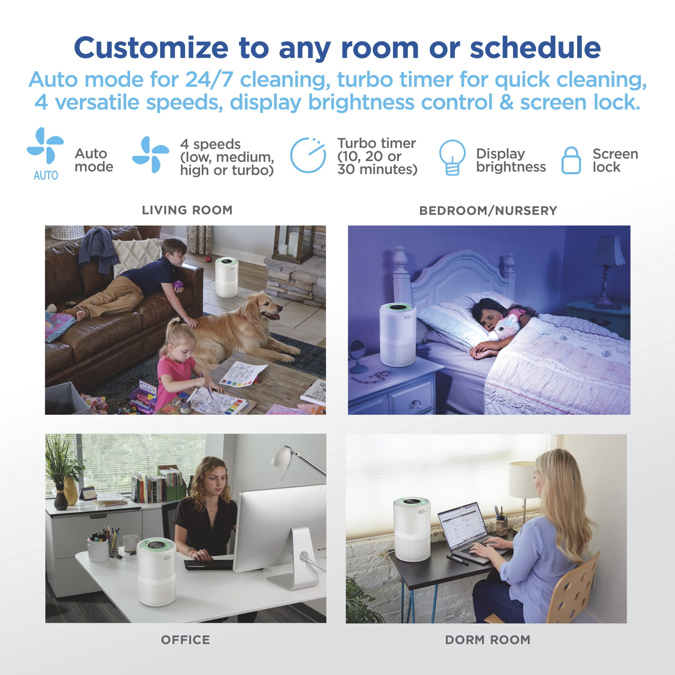 Clorox Turbo+ Air Purifiers for Allergies and Asthma, HEPA Air Purifier for Large Rooms, Auto Mode, Air Cleaner up to 1,000 Sq Ft