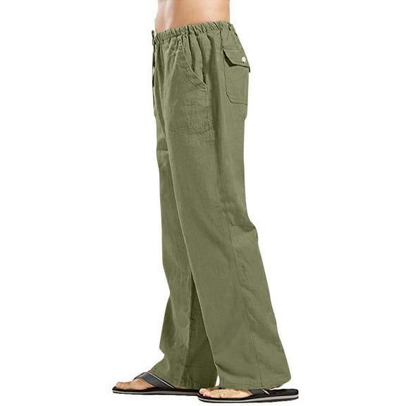 LISTHA Men'S Linen Pants Casual Loose Fit Trousers 2024 Oversized Beach Summer Pants Funny Multi Pocket Plain Baggy Pants Army Green L