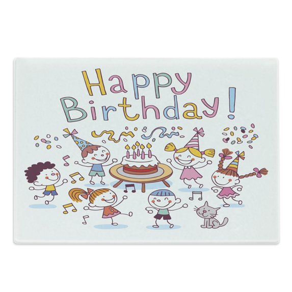 Birthday Cutting Board, Celebration Set up Creamy Cake Candle Print, Decorative Tempered Glass Cutting and Serving Board, Large Size, Multicolor, by Ambesonne