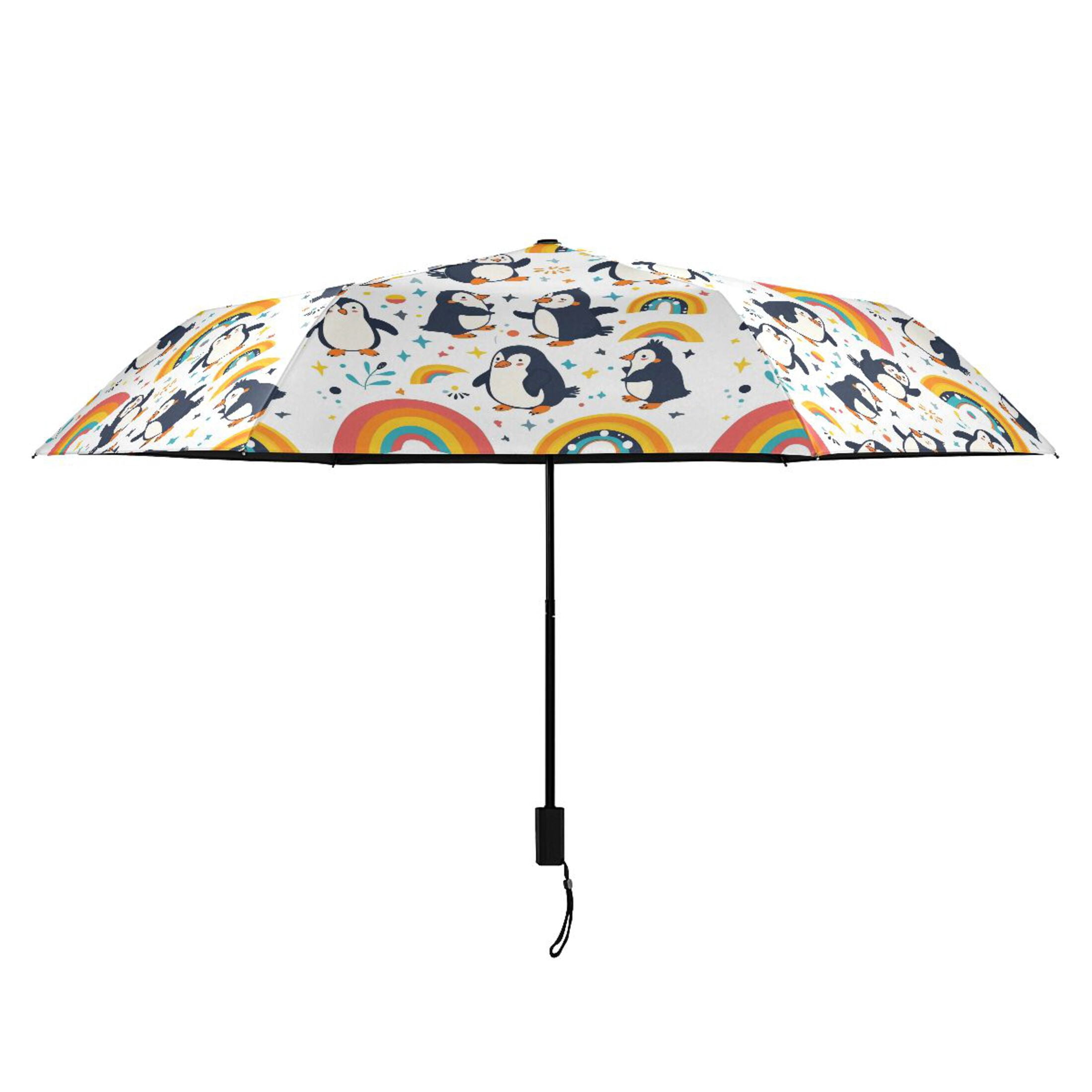 Cartoon Penguins and Rainbow Compact Sun Umbrella Windproof Travel Umbrellas for Rain Strong Portable UV Protection