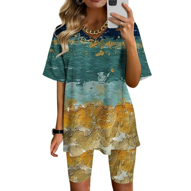 Ensembles Courts Femmes 2 Pcs Tenues Vacances Mode Femmes Blouse Col en V Manches Courtes Hauts Shorts Ensemble Décontracté Tenues pour Femmes 2 Pcs en Liquidation
