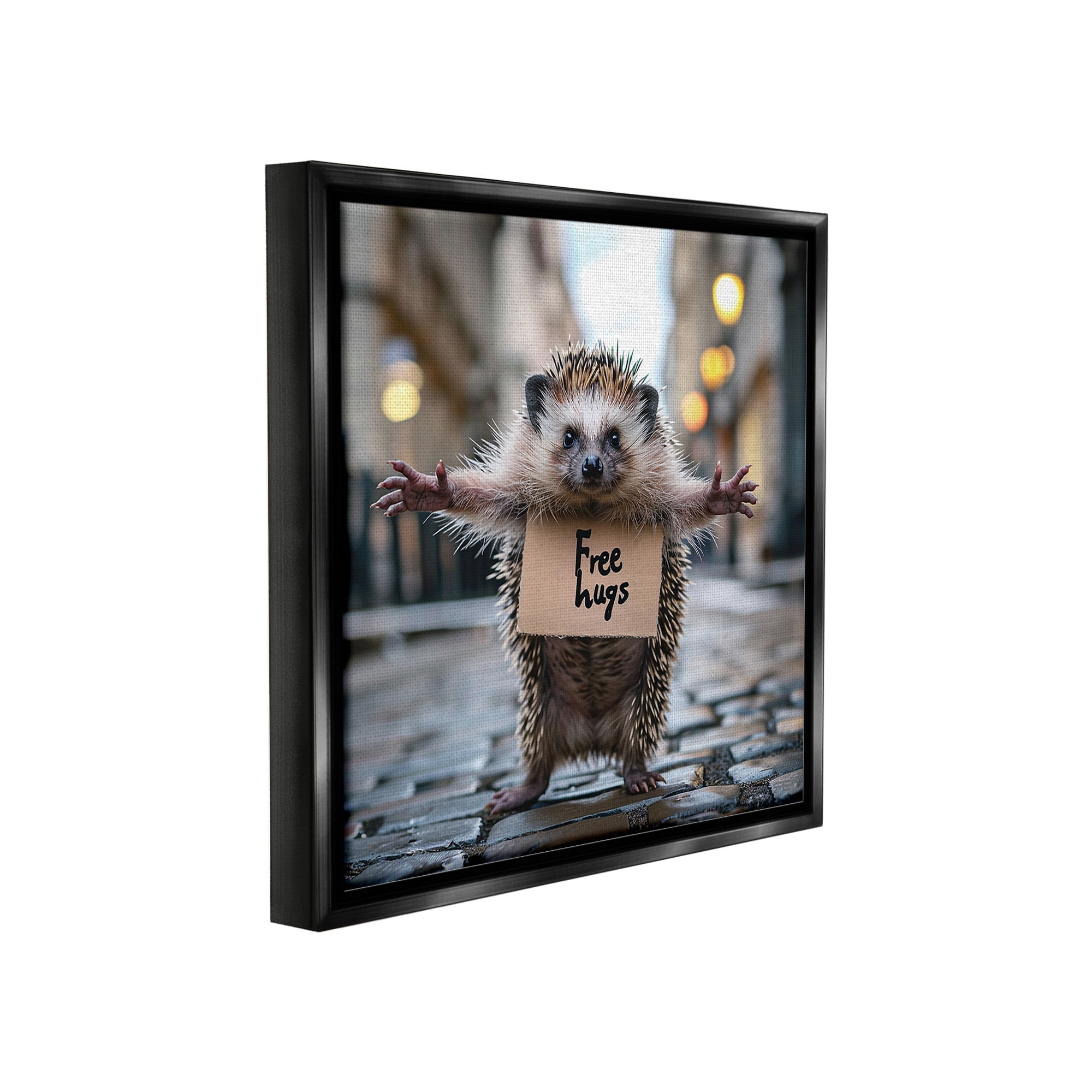 Stupell Industries Free Hugs Hedgehog Animals & Insects Painting Black Floater Framed Canvas Art Print Wall Art, 25 x 25
