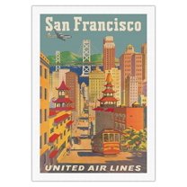 San Francisco California - Cable Car in Chinatown - United Air Lines - Vintage Airline Travel Poster by Joseph Fehér c.1950s - Fine Art Rolled Canvas Print 27in x 40in