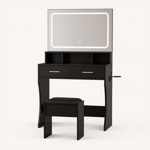 Garvee Makeup Vanity with Bench Set, Led Light Mirror & Charging Station, Black