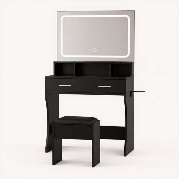 Garvee Makeup Vanity with Bench Set, Led Light Mirror & Charging Station, Black