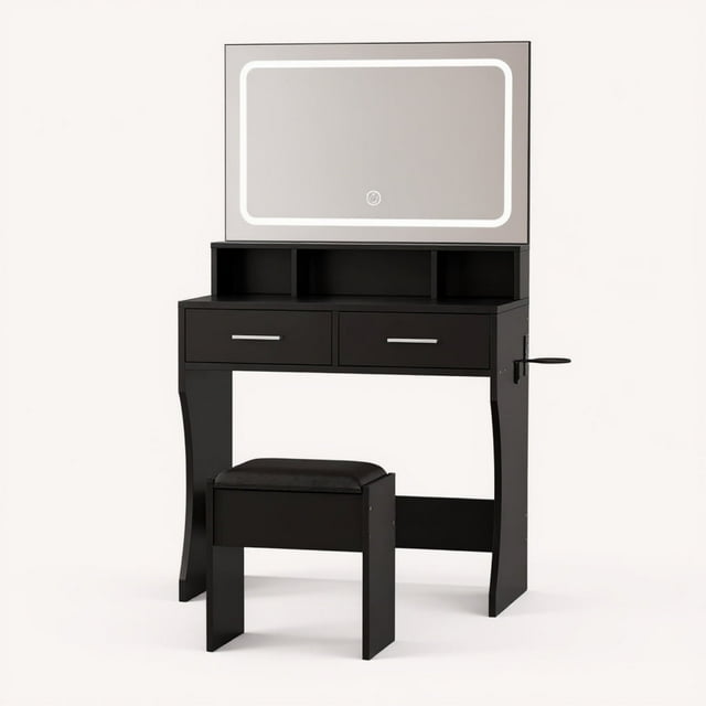 Garvee Coiffeuse avec Ensemble Banc, Miroir à DEL et Station de Recharge, Noir