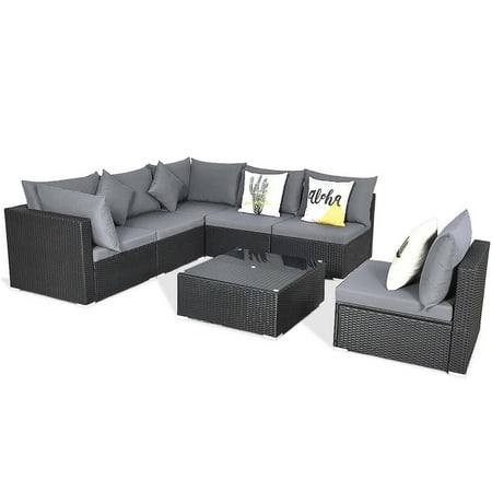 Costway 7 PCS Patio Rattan Sofa Set Sectional Conversation Furniture Set Garden Outdoor - Gray +Black