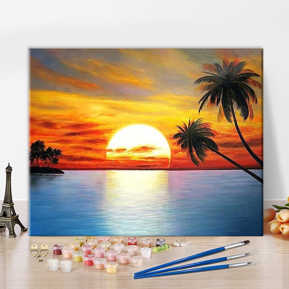 TISHIRON Paint by Numbers for Adults,16x20 inch Canvas Wall Art Coconut Tree Beach Sunset