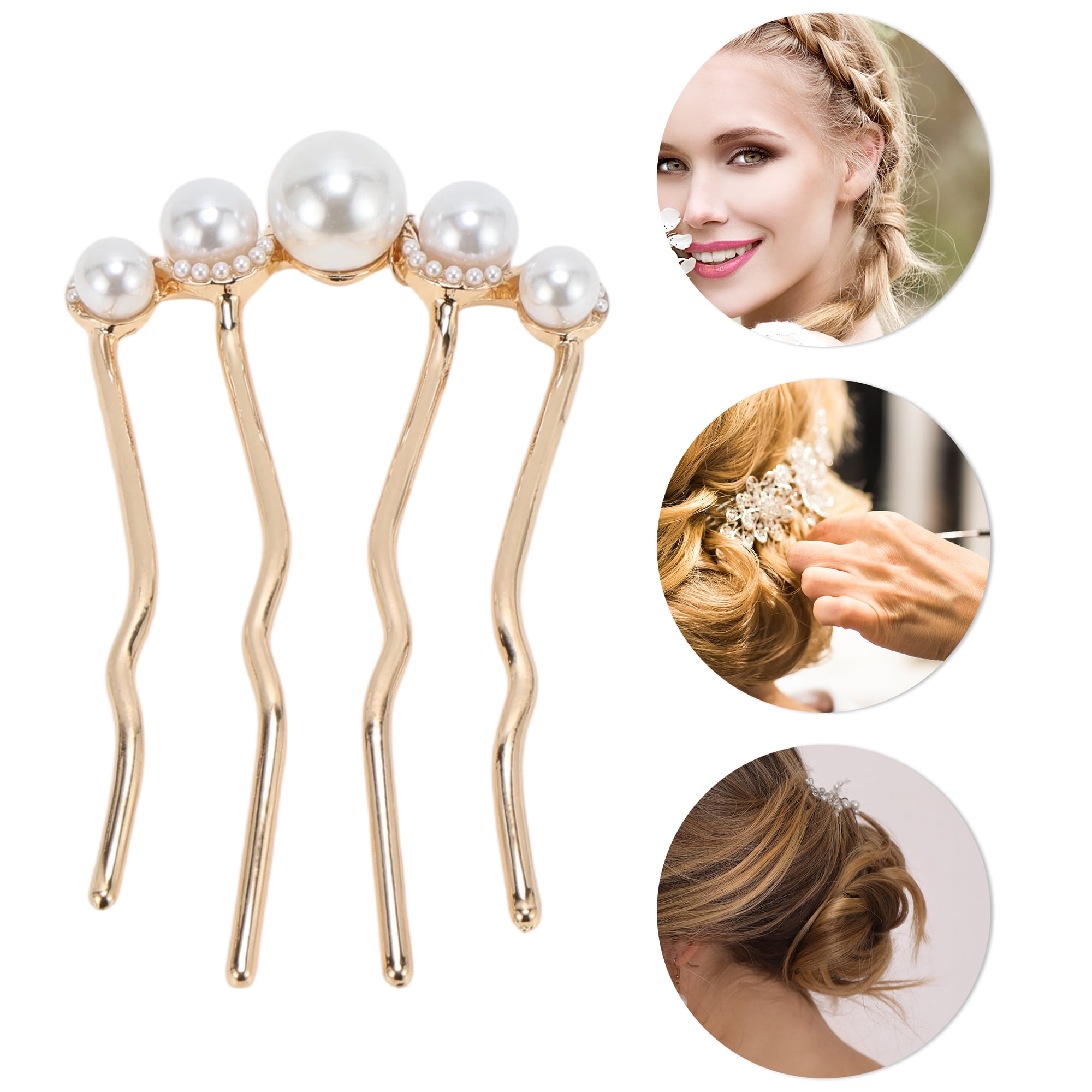 Unique Bargains Fashion U-shaped Faux Pearls Decorative Hairpin for Women 1 Pc Gold Tone
