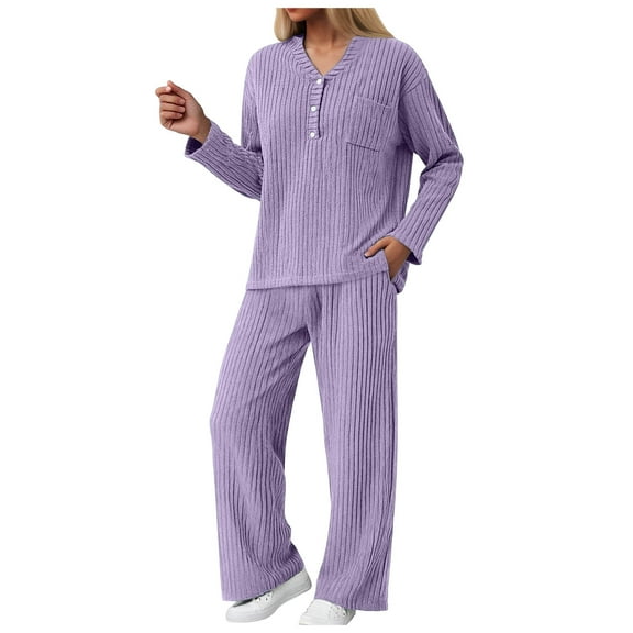 felwors Women 2 Piece Pajamas Sets Long Sleeve Casual Ribbed Lounge Set Fall Pj V Neck Loungewear Outfit Purple, XL