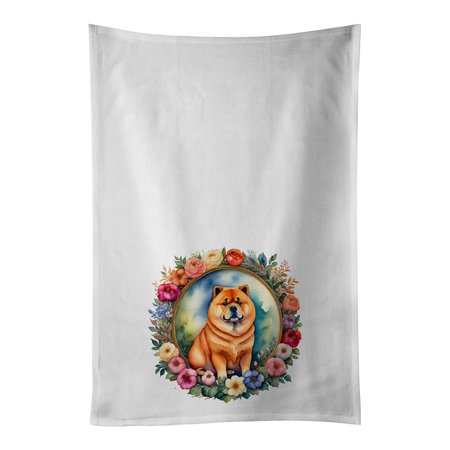 

Chow Chow and Flowers Kitchen Towel Set of 2 White Dish Towels 19 in x 28 in
