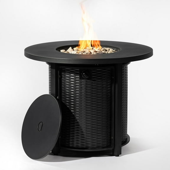 32'' Outdoor Round Propane Fire Pit Table with Cover Lid and Wicker base for Hideaway Gas Tank Seat 50000BTU