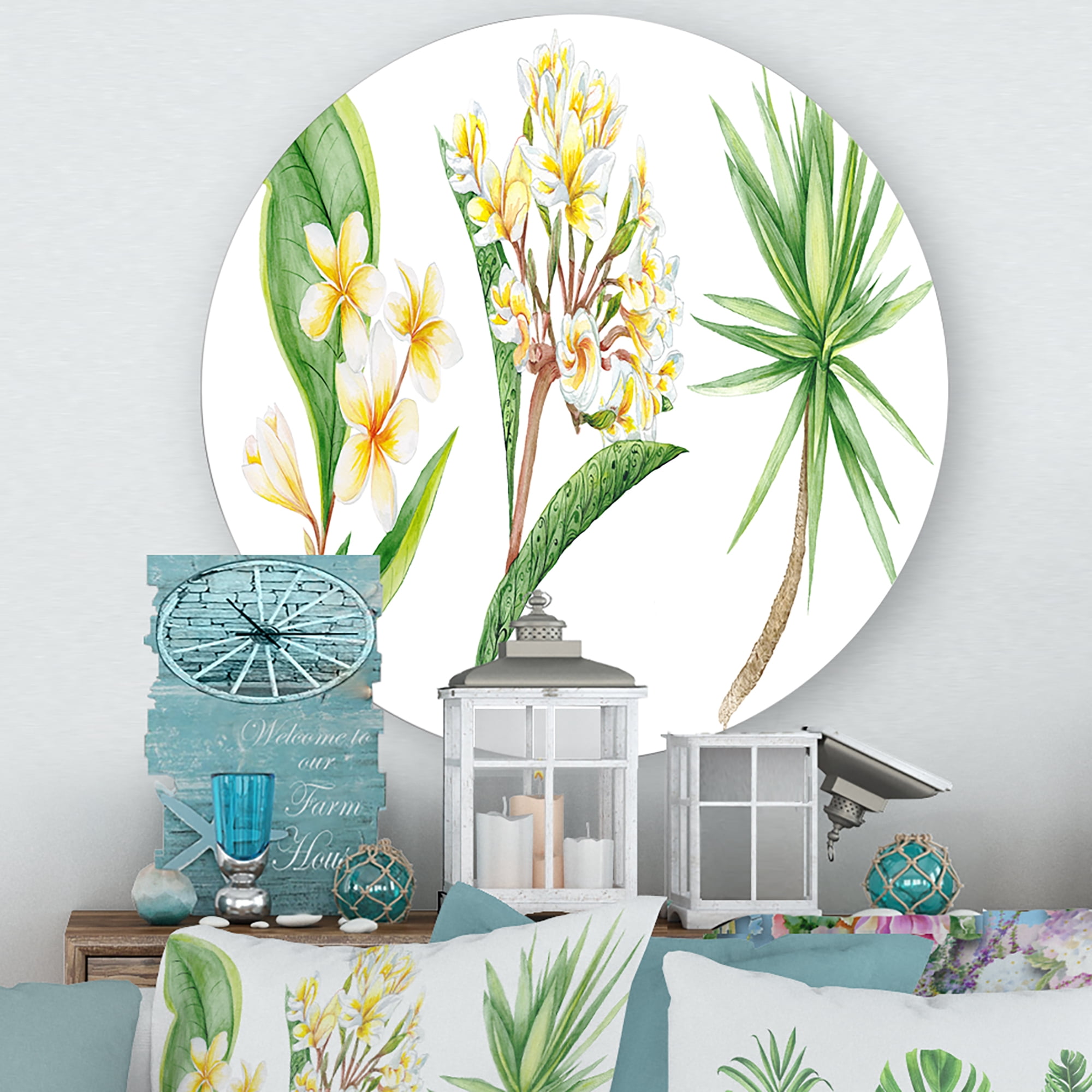 Designart 'Yellow Flowers and Tropical Foliage XII' Traditional Circle Metal Wall Art 23x23 - Disc of 23