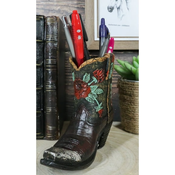 Western Cowboy Cowgirl Floral Red Roses Tooled Leather Boot Pen Holder Figurine