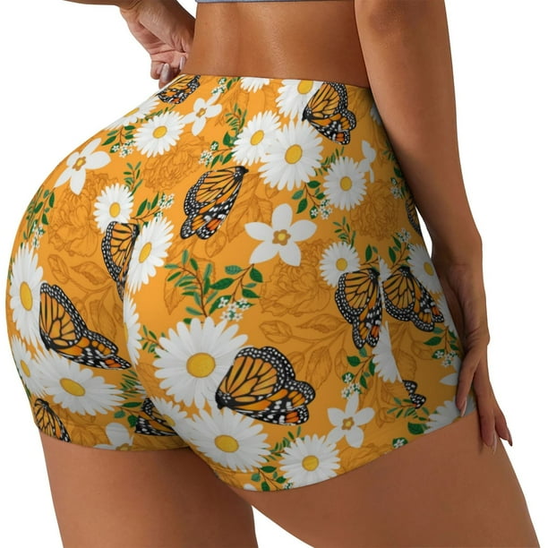 Fotbe White Floral and Butterflies Shorts Sin Costuras – Shorts Deportivos de Cintura Alta para Mujer, Elásticos para Gimnasio, Yoga, Running o Ciclismo-Medium