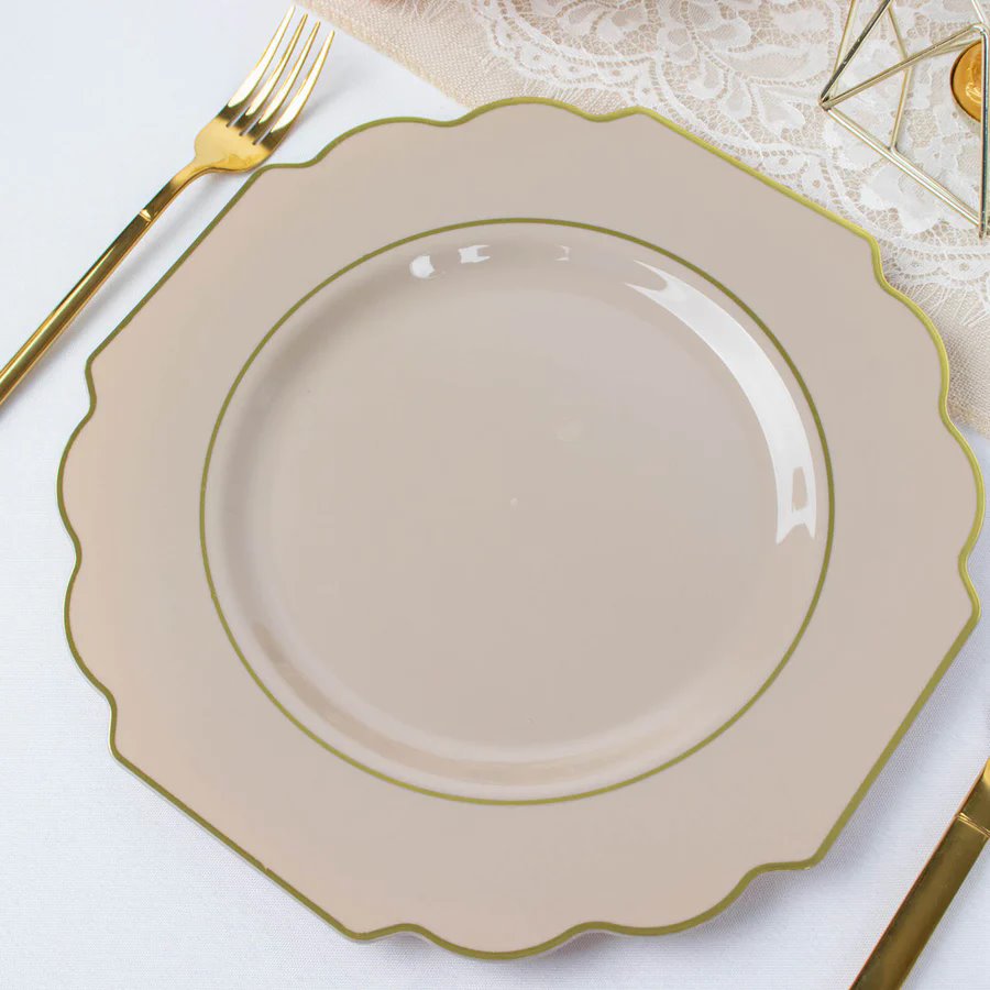 BalsaCircle 10 Disposable Baroque Taupe Plastic 12" Dinner Plates Gold