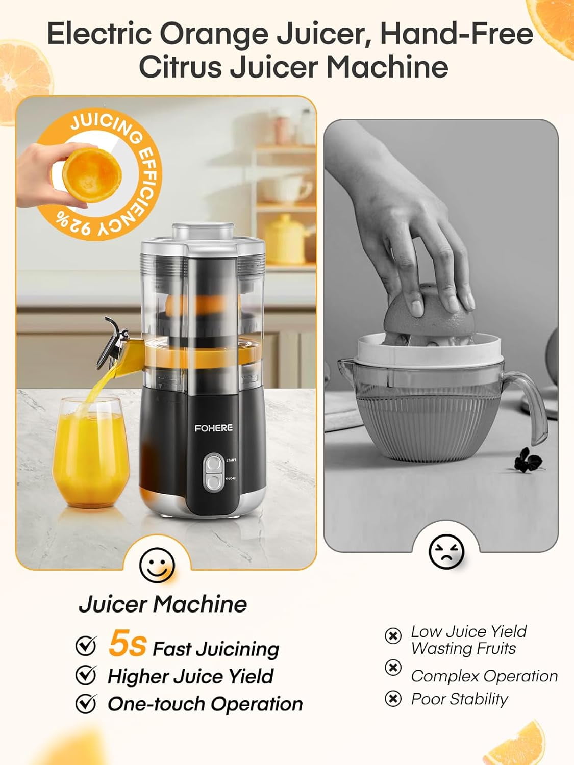 Electric Citrus Juicer with 2 Cones, Hand- Automatic Orange Squeezer for Lemon Grape Pomegranate, Quiet Motor