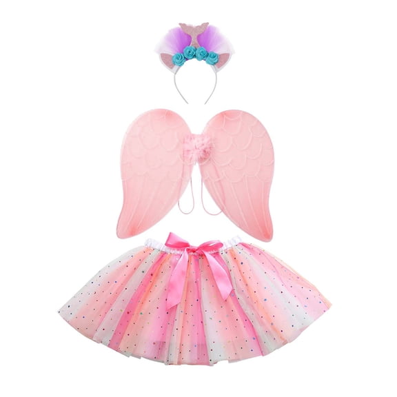 DHFJKG Layered Tulle Tutu Skirt For Girls Sequins Princess Party Carnival Dance Performance Skirts With Wings Headband 3 Piece Set Trendy Skirt