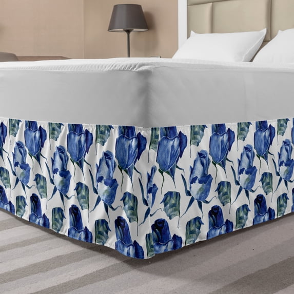 Watercolor Bed Skirt, Hand Drawn Roses and Leaves Abstract Floral Blooming Nature Theme, Elastic Bedskirt Dust Ruffle Wrap Around for Bedding Decor, 4 Sizes, Violet Blue Slate Blue, by Ambesonne