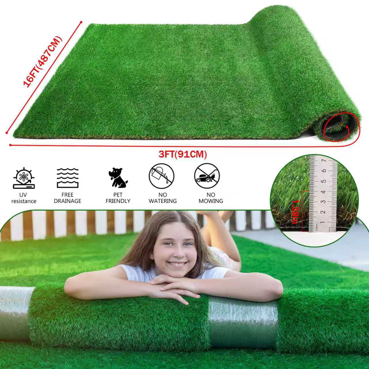 Outdoor Artificial Grass Runner Rug 3FT x 16FT, Thick Realistic Fake Grass Roll for Patio Balcony, Green