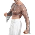 thumbnail image 3 of Mens Shirts, Men's Rhinestones Sparkle Fishnet Rave Tops Bell Sleeve Hollow Loose Sheer Festival Clubwear Shirts Streetwear, 3 of 5