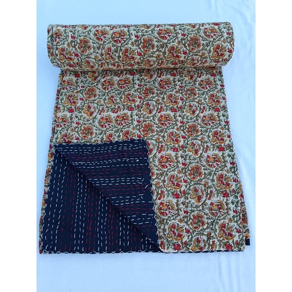 Handmade Kantha Quilt: Floral Print Cotton Bedspread, Twin Size