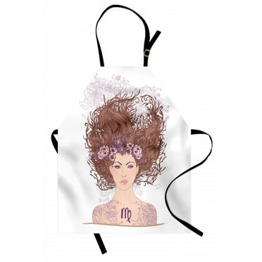 Zodiac Virgo Apron lllustration of Virgo Astrological Sign as a Young Girl with Floral Hairstyle, Unisex Kitchen Bib Apron with Adjustable Neck for Cooking Baking Gardening, Multicolor, by Ambesonne