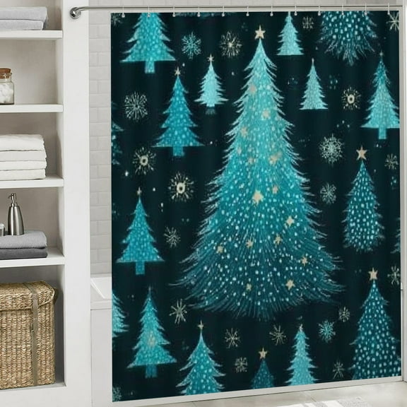 RKSupls Christmas Shower Curtain, Teal Xmas Trees Winter Shower Curtain with Hooks for Christmas Home Bathroom Decor Washable Curtains, 72x72 in