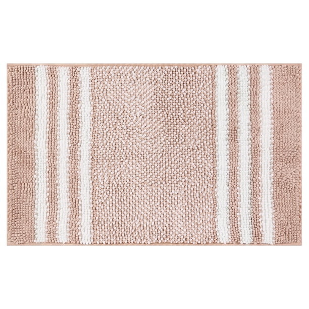 Alfombra de baño de chenilla a rayas REGALWOVEN con bordes, tapete de baño antideslizante, lavable a máquina rosa 16" x 24"
