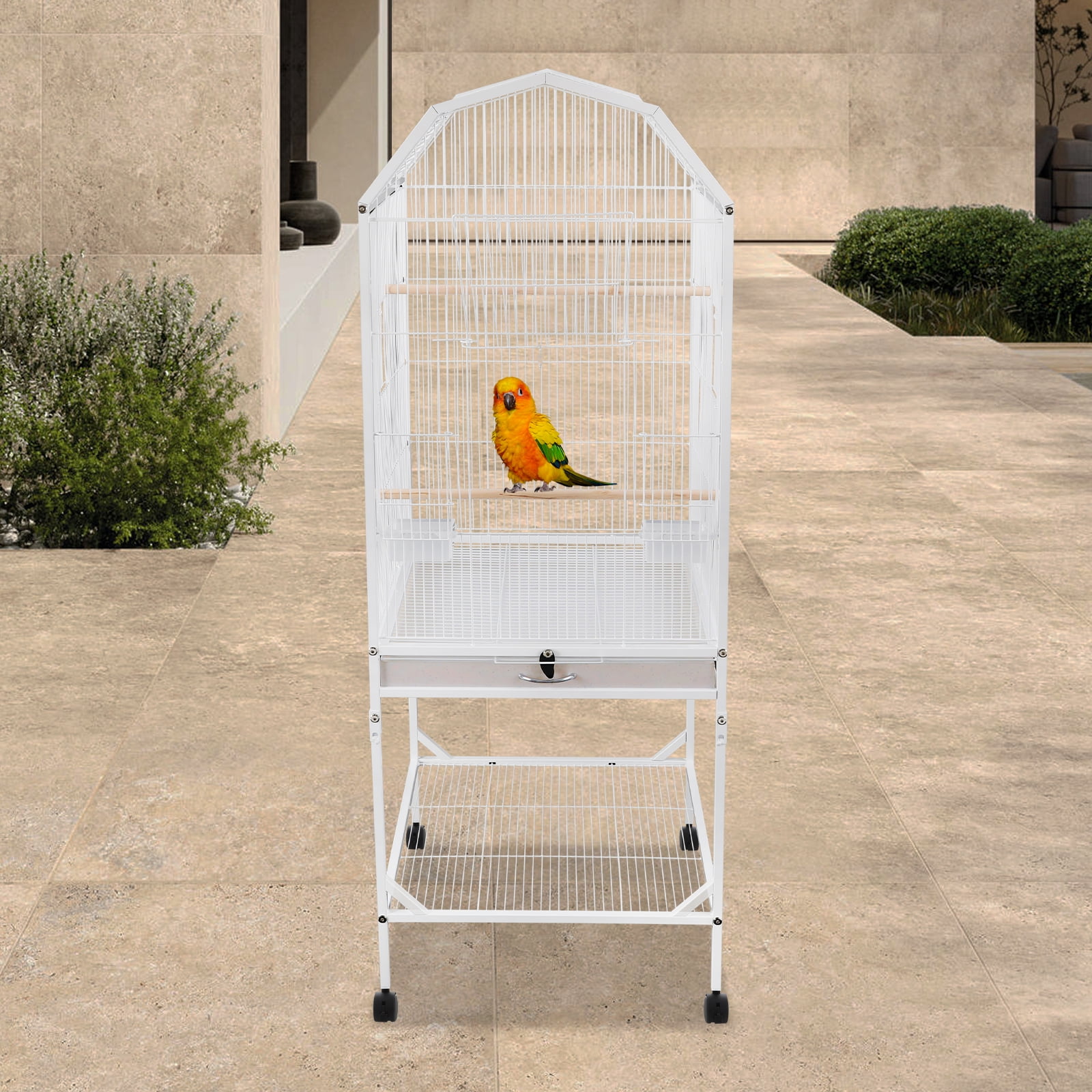 White Metal Birdcage 46x46x136cm Viewing Birdcage With Rollers Medium Parrot Cage With Storage Rack
