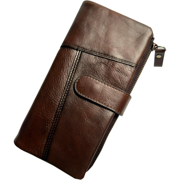 CAILDANL Vintage Long Wallet for Men Genuine Leather Zipper RFID Blocking Card Holder with Coin Pocket Mens Clutch Purse (#4-Coffee)