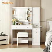 Vabches Vanity Set with Sliding Mirror and Lights Makeup Table with 3 Drawers & 2 Cabinets & 5 Shelves, White