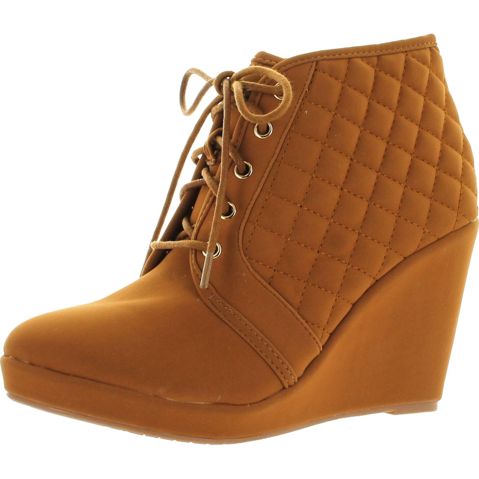 Forever Womens Olesia27 Fashion Lace Up Quilted Ankle Wedge High Heel