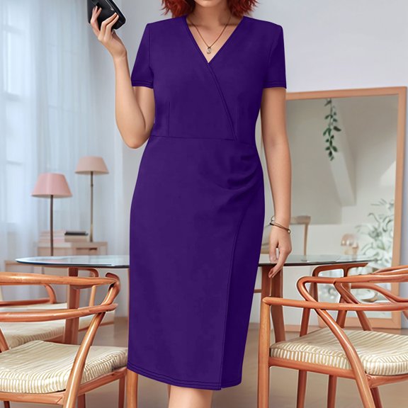 Bnwani Womens Summer Dresses,Ladies Dresses,Knee-Length,V-Neck,Casual,Solid,Purple,3XL
