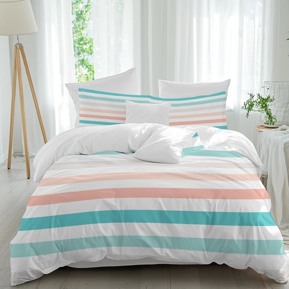 Coral Red Turquoise Striped Duvet Cover Set Kal King Size, Modern Minimalist Lines 4 Piece Soft Microfiber Bedding Set with 1 Duvet Cover, 1 Flat Sheet, 2 Pillowcases