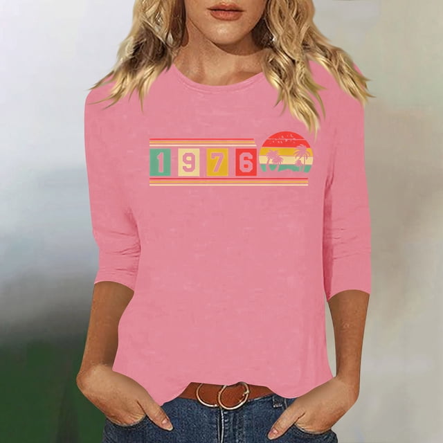 Uootdi Hauts pour Femmes Manches 3/4 Col Rond Imprimé Arc-en-Ciel Rétro 1976 Coupe Décontractée T-Shirts Nostalgiques d'Été Cadeau