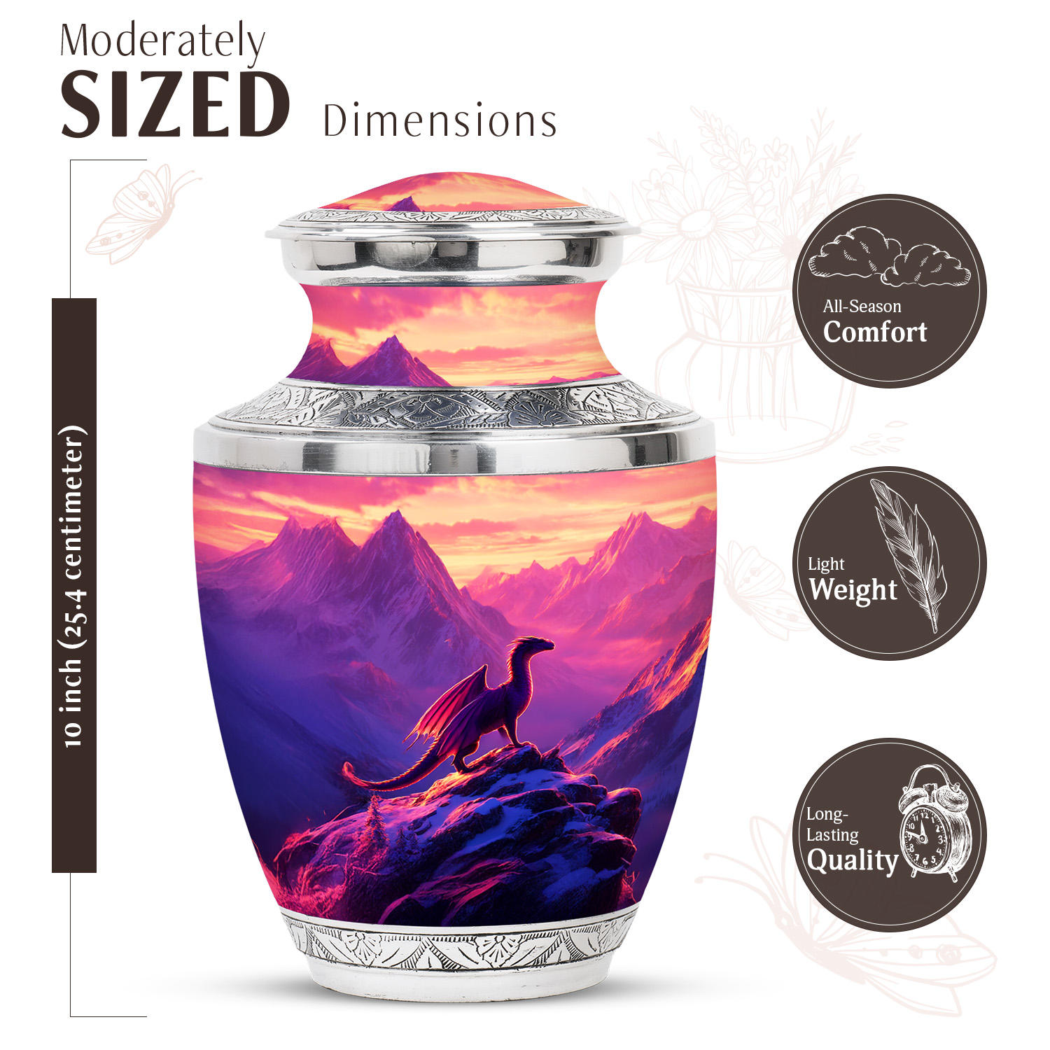 JAGASY Dragon Handmade Large Urn for Human Ashes, Purple Urn for Ashes Adult Male & Female, Snowy Mountain & Sunset Decorative Urns for Boys, Funeral Cremation Urns for Girls, (10 Inch)