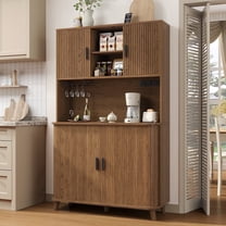 Laintene Pantry Storage Cabinet with Charging Station, 71" Standing Kitchen Pantry with Sliding Tambour Doors, Home Bar Cabinet with Wine Rack, Adjustable Shelves for Dining Living Room, Walnut