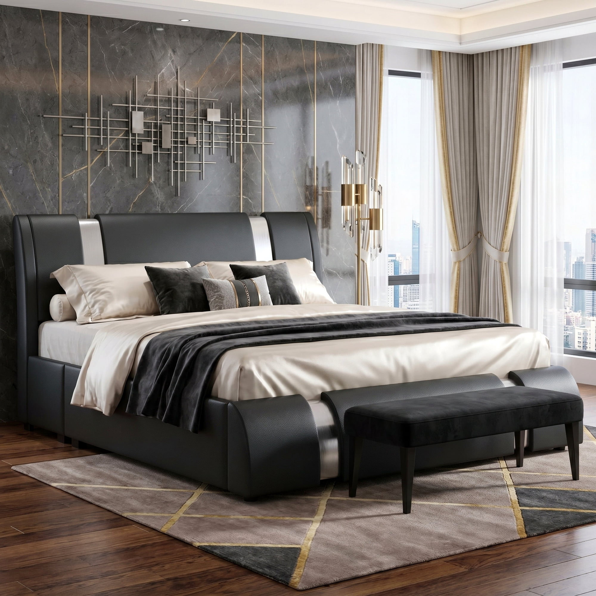 Amolife Queen Bed Frame with Iron Pieces Decor and Adjustable Headboard, No Box Spring Needed, Black
