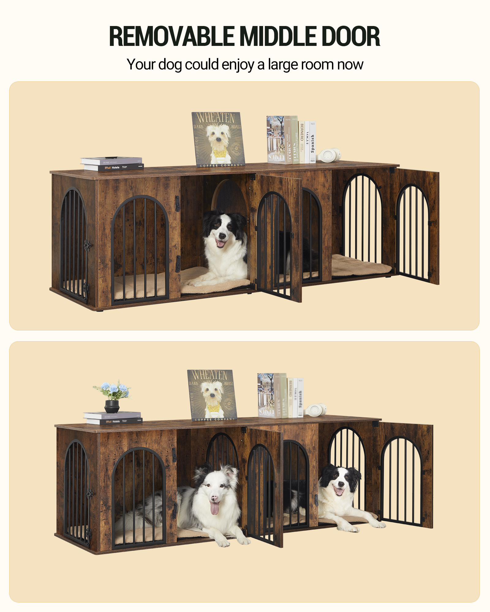 Dog Crate Furniture, 71" Heavy Duty Dog Kennels with Divider, Pads, Side Table, TV Cabinet