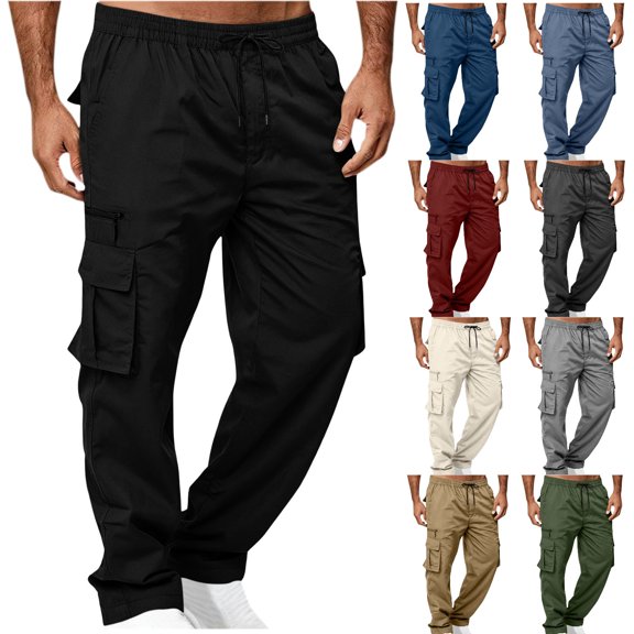 WAENQINLA Men's Elastic Drawstring Waist Straight Leg Cargo Pants Outdoor Hiking Fitness Casual Long Trousers with Multi-Pockets M-3XL