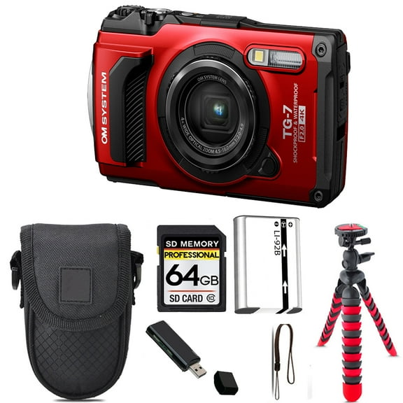 Olympus OM SYSTEM Tough TG-7 Digital Camera (Red)   Tripod   Case - 64GB Kit (International Version)
