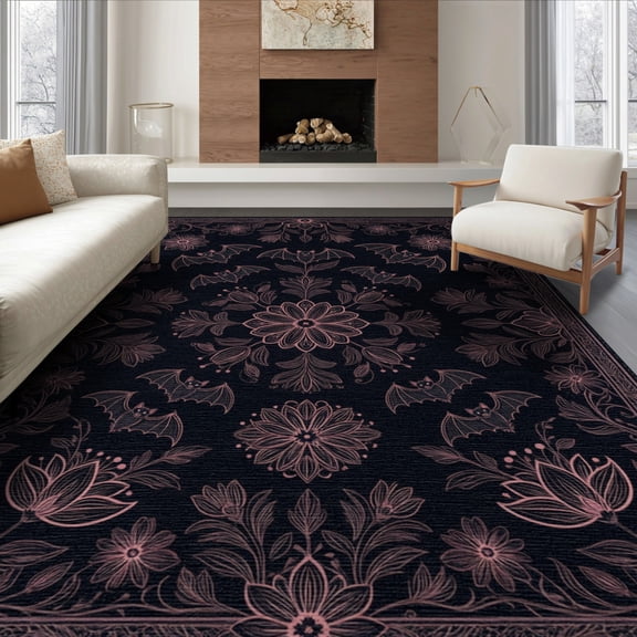 ODIKA 8'x10' Washable Area Rug Gothic Bat Trailing Vine Flowers Halloween Decorative Purple for Living Room, Under Sectional, Family , Durable, Non-Slip